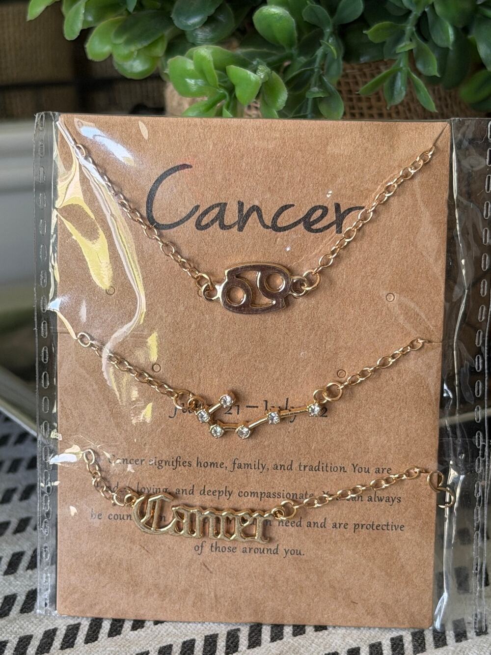 Cancer Zodiac 3-Piece Gold Tone Necklace & Bracelet Set Astrology Jewelry